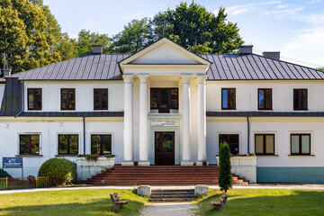 Naglowice, Swietokrzyskie / Poland - 2020/08/16: Panoramic view of park and historic manor house of Radziwill family located by nearby Mikolaj Rej museum in Naglowice, Poland