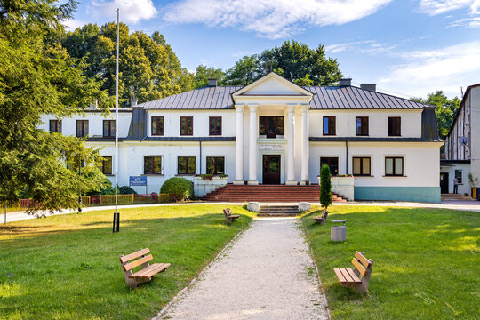 Naglowice, Swietokrzyskie / Poland - 2020/08/16: Panoramic view of park and historic manor house of Radziwill family located by nearby Mikolaj Rej museum in Naglowice, Poland
