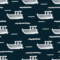 White motor boats and waves isolated on dark blue background. Cute seamless pattern. Vector flat graphic hand drawn illustration. Texture.