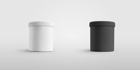 Mockup of white and black jars for supplements or vitamins, isolated on background with shadows.