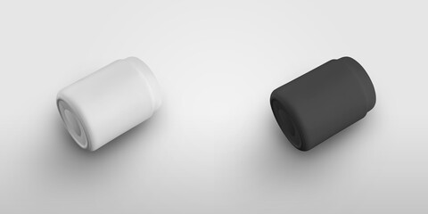 Mockup of a white, black jar for organic supplements, vitamin, for advertising in medicine, pharmacy, cosmetology.