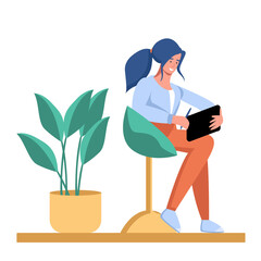 Young girl sitting on a chair with a tablet in her hands, remote work and study