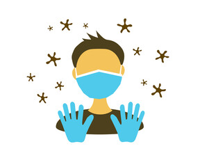 A character wearing a medical mask on his face and wearing gloves. Pandemic. Cartoon. Vector.