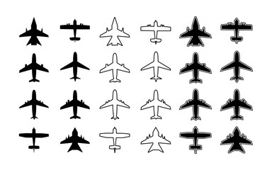 Plane icon. Silhouette of airplane. Outline aircraft for travel, transport, cargo and military. Symbol for airplain. Simple white and black graphic aeroplane. Shape of jet flight. Art for air. Vector