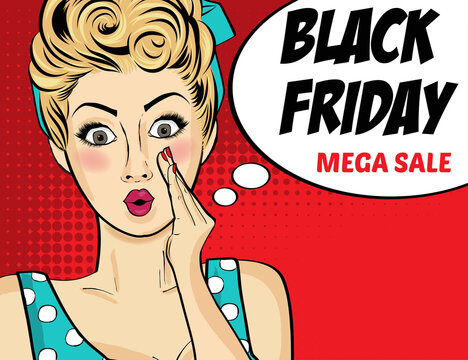 Black friday banner with pin-up girl. Retro style.