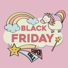 Black friday banner with magical elements for kids shop.
