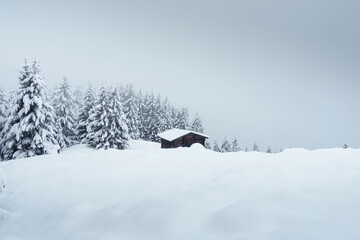 Fototapeta na wymiar tief verschneite Skihütte in den Alpen