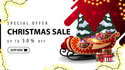 Special offer, Christmas sale, up to 50% off, red and white discount web banner with liquid abstract shape on background, garland frame and Santa Sleigh with pile of presents