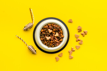 Top view of dried cat food and treats. Flat lay of food for pets