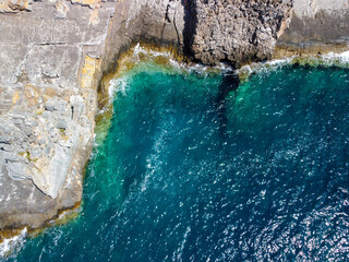 Aerial view of Katafygi rocky plateau beach in Mani, Greece