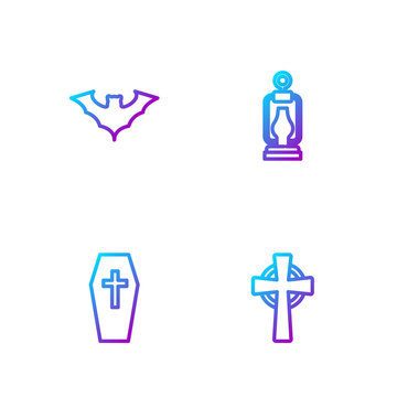 Set line Tombstone with cross, Coffin, Flying bat and Camping lantern. Gradient color icons. Vector.