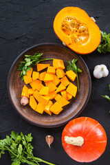 Nice view of pumpkin and autumn leaves. Creative atmospheric decoration