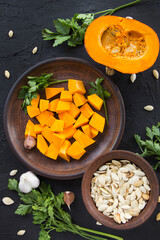 Nice view of pumpkin and autumn leaves. Creative atmospheric decoration