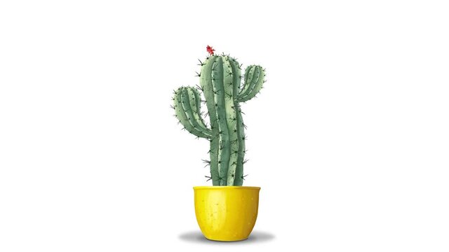 A blooming cactus grows from a yellow flowerpot. Funny cartoon 2D video animation of a cactus with a mask. Isolated on white background. Alpha matte included.