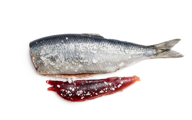 Fresh herring fish with caviar isolated on white