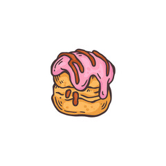 Sweet dessert bun with pink icing - cartoon drawing of baked pastry food