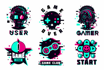 Game team emblem set. Glitch style vector signs. Virtual reality sport icons. Cyber punk illustration set.