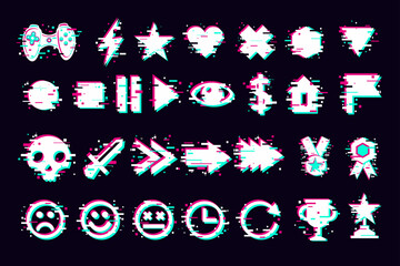 Glitch icons set. Interface navigation elements with glitchy effect. Vector signs collection on white background. Game design elements.