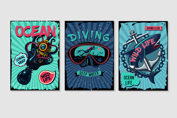Nautical vintage posters set. Retro style cartoon illustrations. Water sport and sea resort backgrounds with grunge frames.
