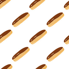 Isolated seamless pattern with doodle creative tasty eclair silhouettes. Chocolate glazed dessert on white background.