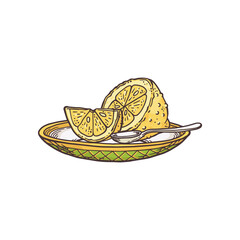 Sketch hand drawn lemons on plate, flat cartoon vector illustration isolated