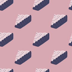 Simple seamless doodle pattern with basket cream ornament. Purple cakes on pink background. Cupcake backdrop.