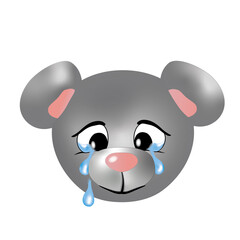 Ein grauer trauriger Bär mit Tränen in den Augen auf weißem Hintergrund.