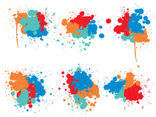 Vector collection of artistic grungy paint drop, hand made creative splash or splatter stroke set isolated white background. Abstract grunge dirty stains group, education or graphic art decoration