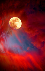Full moon and red abstract sky. Abstract background.