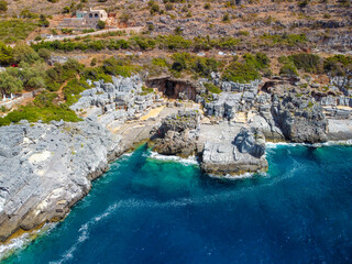 Aerial view of Katafygi rocky plateau beach in Mani, Greece
