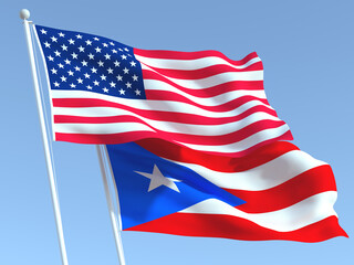 The flags of United States and Puerto Rico state on the blue sky. For news, reportage, business. 3d illustration