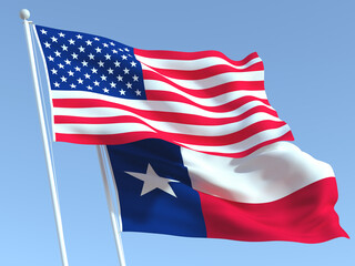 The flags of United States and Texas state on the blue sky. For news, reportage, business. 3d illustration