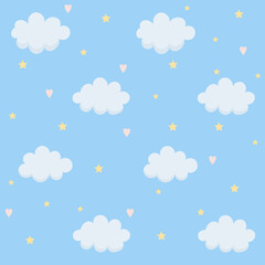 Seamless pattern with clouds, stars, hearts.