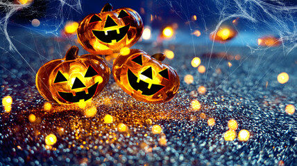 Neon glowing pumpkin head on abstract blurred bokeh background. Festive Halloween background with cobwebs and pumpkin.