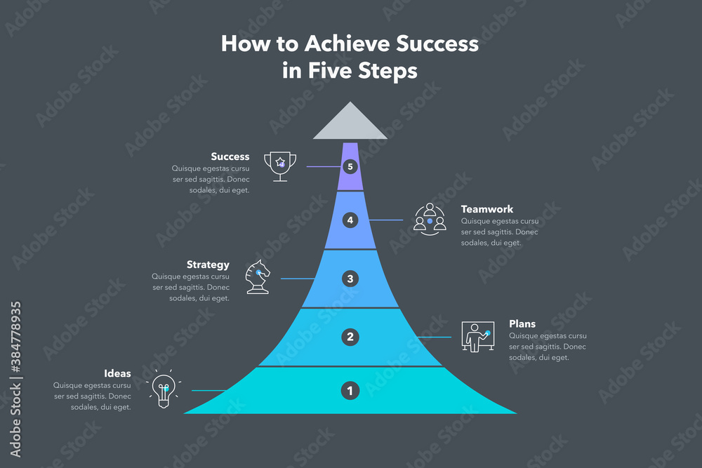 Poster simple infographic for how to achieve success in five steps - dark version. easy to use for your web