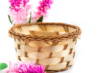 Fototapeta na wymiar Composition harvesting wicker basket and lavender flowers, on white isolated background close up
