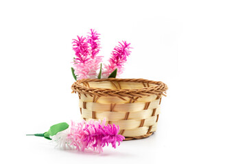 Beautiful festive composition wicker basket and lavender flowers, on white isolated background