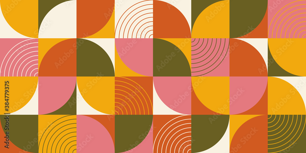 Wall mural Geometric pattern vector background with Scandinavian abstract color or Swiss geometry prints of rectangles, squares and circles shape design