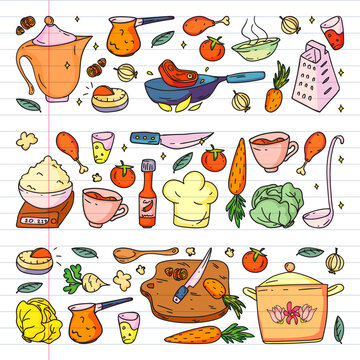 Pattern with gastronomy icons, vector cuisine and fast food cafe bright background for menu, receipts.