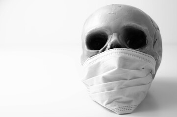 Scary human skull wearing a medical mask, symbolic depiction of death from viral epidemic