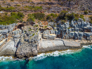 Aerial view of Katafygi rocky plateau beach in Mani, Greece
