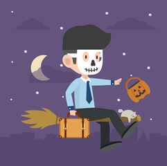 businessman Halloween character on a broomstick in the night sky