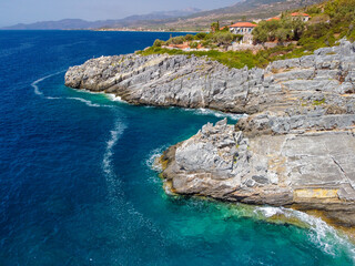 Aerial view of Katafygi rocky plateau beach in Mani, Greece