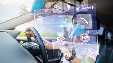 HUD Head Up Display and digital instruments panel autonomous car dashboard user interface navigation driving utility wearing surgical facemask finger touching graphical screen smart technology control