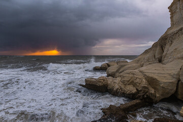 Stormy  weather in the evening at sunset on the Mediterranean coast near Rosh HaNikra in Israel