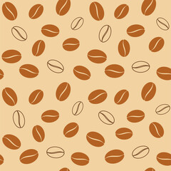 Brown coffee beans silhouettes and outline on a beige background. Vector seamless pattern for coffee house, coffee shop, cafe, restaurant, packaging, wrapper, wrapping paper, sales banner and print