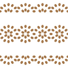 Seamless border of coffee beans. Vector template, horizontal pattern for coffee house, coffee shop, cafe, restaurant, packaging, wrapper, sales flyer, printing on fabric, textile, tape, ribbon or menu