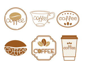 Icon, logo, label, signboard with coffee beans and hand lettering on a white. Vector set for coffee house, coffee shop, packaging, wrapper, menu, sales flyer or banner. Decorative elements for design