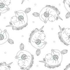 Cute sleeping unicorn creature with donut seamless pattern sketch template. Cartoon vector illustration in black and white for games, background, pattern, decor. Coloring paper, page, story book.