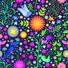 Vector Color Birds and Flowers Seamless Pattern